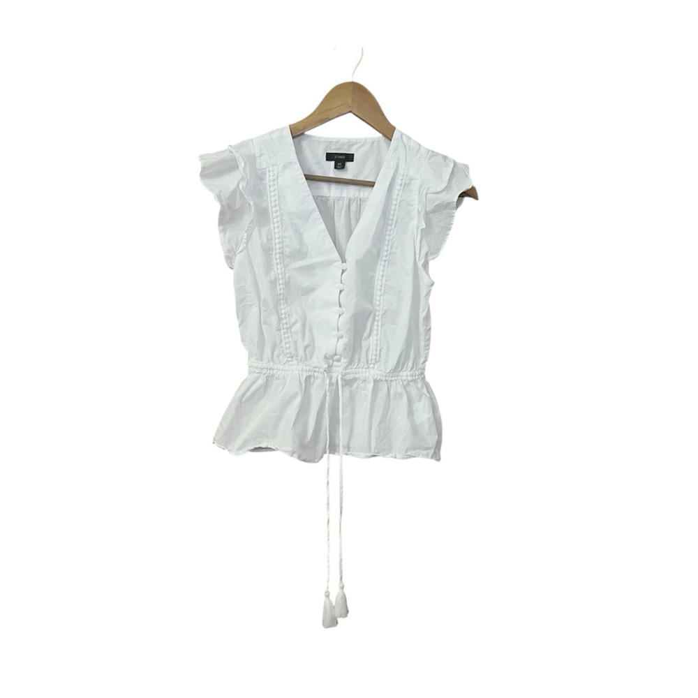 J. Crew Blouse XS White Peplum Point Sur Flutter Sleeve Top Ruffle Feminine
